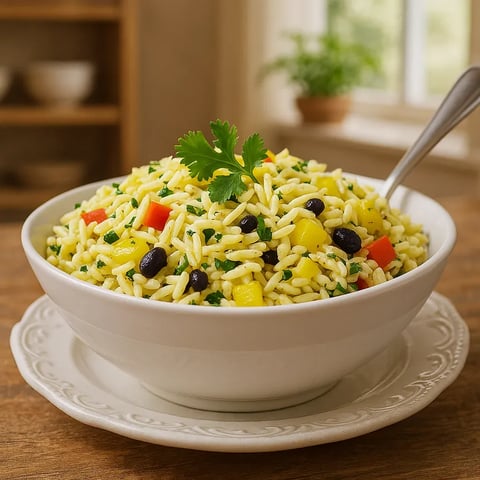 A bowl of rice with vegetables and herbs.