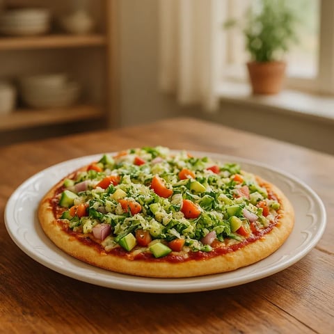 A pizza with vegetables on a white plate.