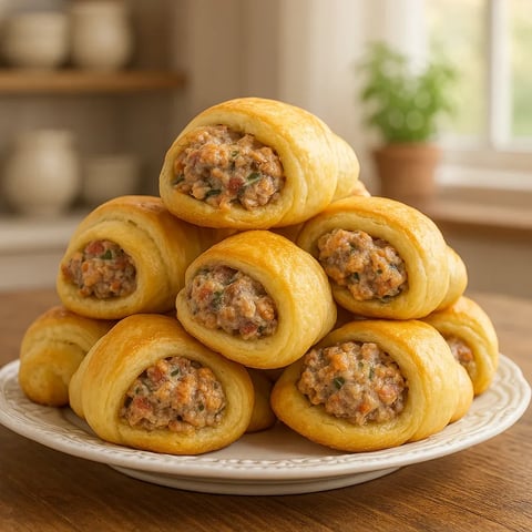 A stack of croissants with meat inside.