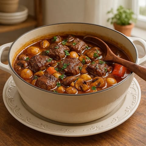 A bowl of stew with a spoon in it.