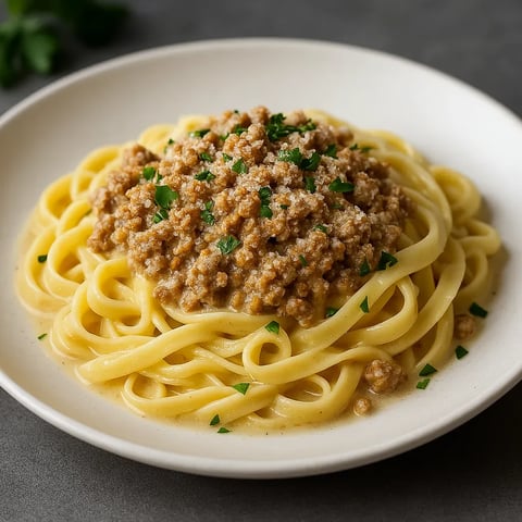 A bowl of pasta with meat sauce.