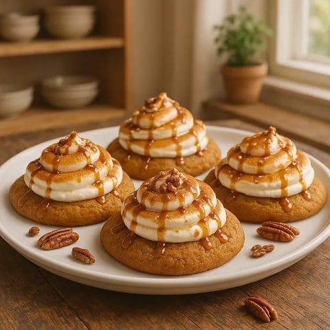 A plate of cookies with caramel drizzle.