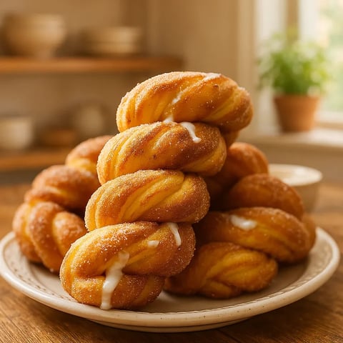 A stack of doughnuts with icing.