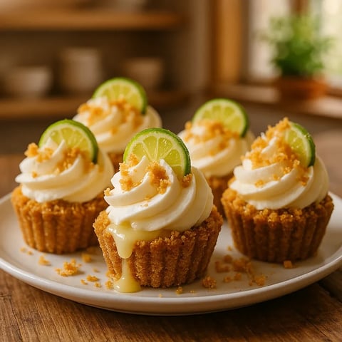 A plate of cupcakes with white frosting and lime wedges on top.