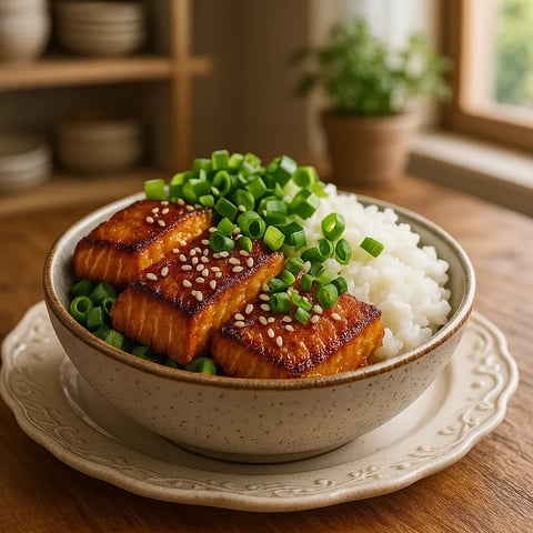 A bowl of food with rice and meat.