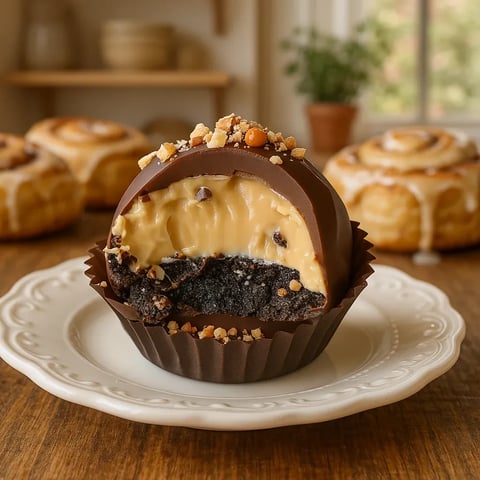 A chocolate covered marshmallow with nuts on top.