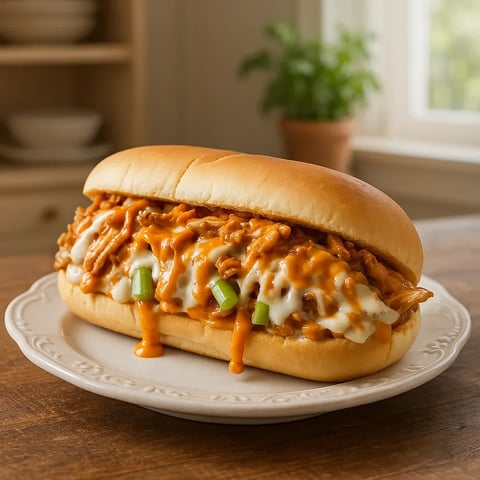A sandwich with meat and cheese on a white plate.