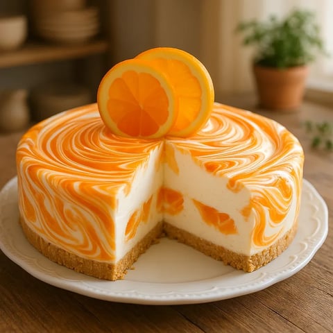 A slice of orange cheesecake with a lemon wedge on top.