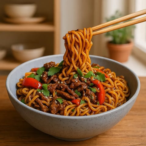A bowl of noodles with meat and vegetables.