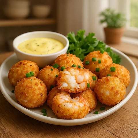 A plate of shrimp with a dipping sauce.