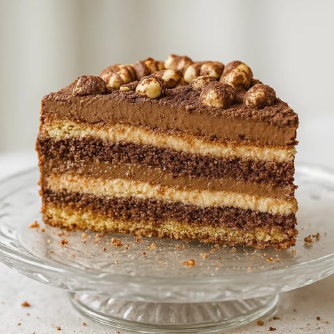 A slice of chocolate cake with nuts on top.