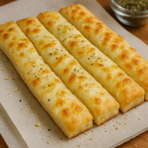 A tray of bread sticks with cheese and herbs on top.
