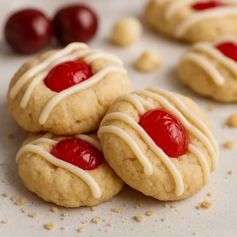 A cookie with a cherry on top.