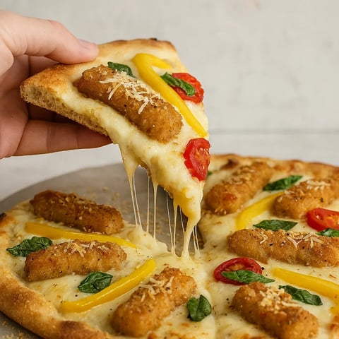 A slice of pizza with chicken and tomatoes.
