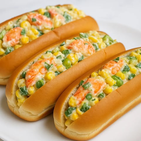 Two hot dogs with corn and shrimp on a white plate.
