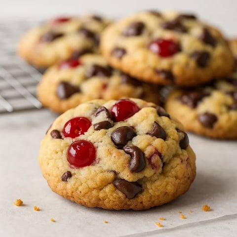 A cookie with chocolate chips and cherries.