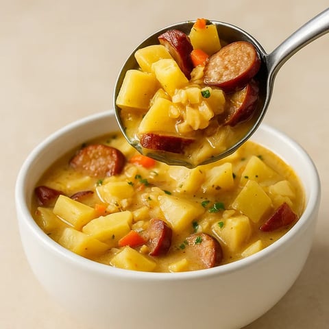 A spoon is in a bowl of soup.
