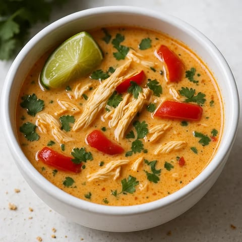 A bowl of soup with a lime wedge in it.
