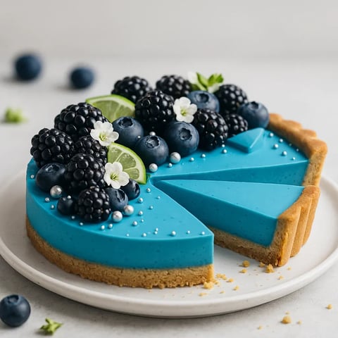 A slice of blueberry cheesecake with blueberries and limes on top.