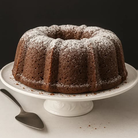 A cake with powdered sugar on top.