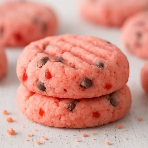 A stack of pink cookies with chocolate chips.