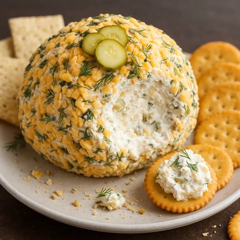 A plate of crackers and a cheese ball.