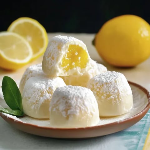 A plate of white desserts with lemon wedges.