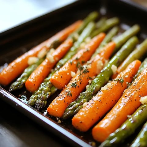 A pan of carrots and asparagus.