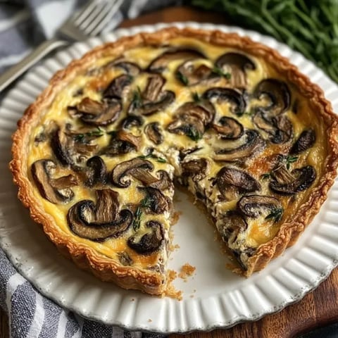 A slice of mushroom quiche on a white plate.