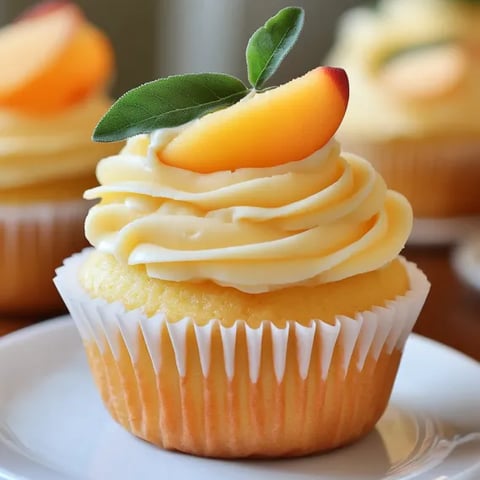 A cupcake with a peach on top.
