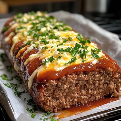 A meat loaf with cheese and herbs on top.