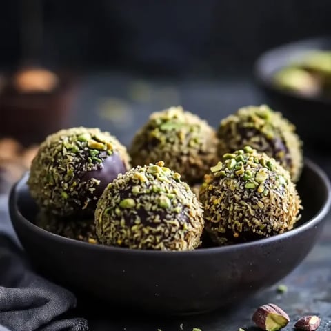 A bowl of chocolate balls with green toppings.
