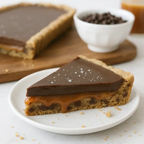 A slice of chocolate cake with chocolate chips and salt on top.