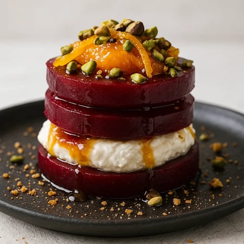 A stack of beets with cream cheese and orange slices on top.