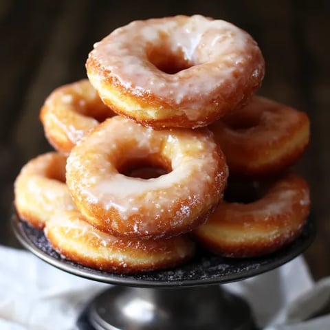 A stack of glazed donuts on a plate.