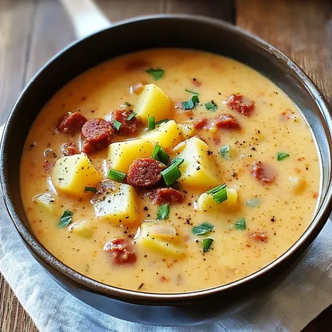 A bowl of soup with potatoes and sausage.