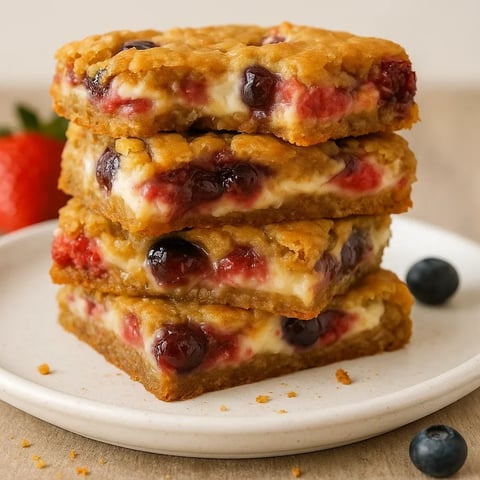 A stack of three blueberry and cheese bars.