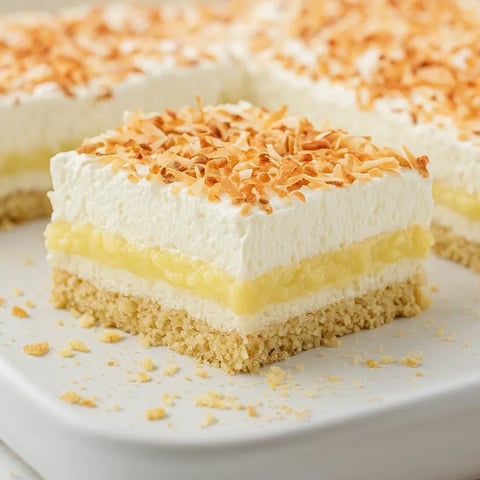 A slice of cake with coconut on top.
