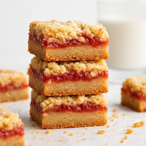 A stack of dessert bars with a glass of milk.