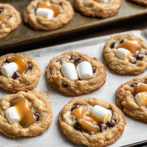Marshmallows and chocolate chips on a cookie.