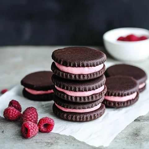 A stack of chocolate and raspberry cookies.