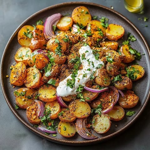 A plate of food with potatoes, onions, and a white sauce.