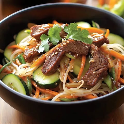 A bowl of food with meat and vegetables.
