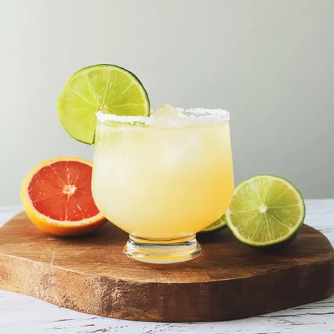 A glass of margarita with limes on a table.