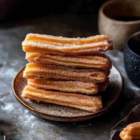 A stack of churros on a plate.