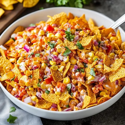 A bowl of nachos with tomatoes and corn.
