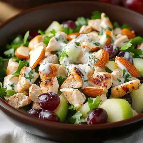 A bowl of chicken salad with grapes and almonds.