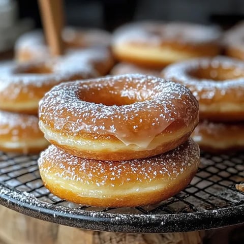 A stack of donuts with powdered sugar on top.