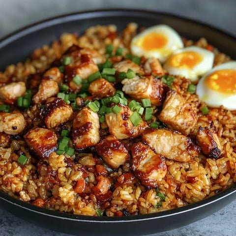 A plate of food with rice, eggs, and meat.