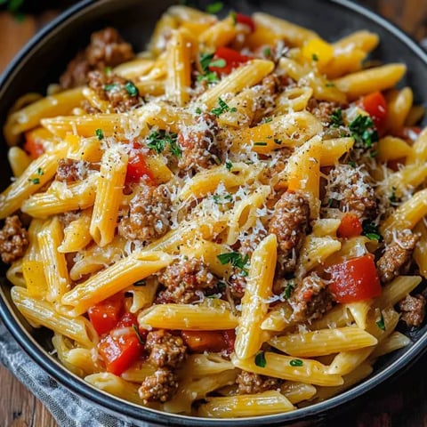 A bowl of pasta with meat and tomatoes.